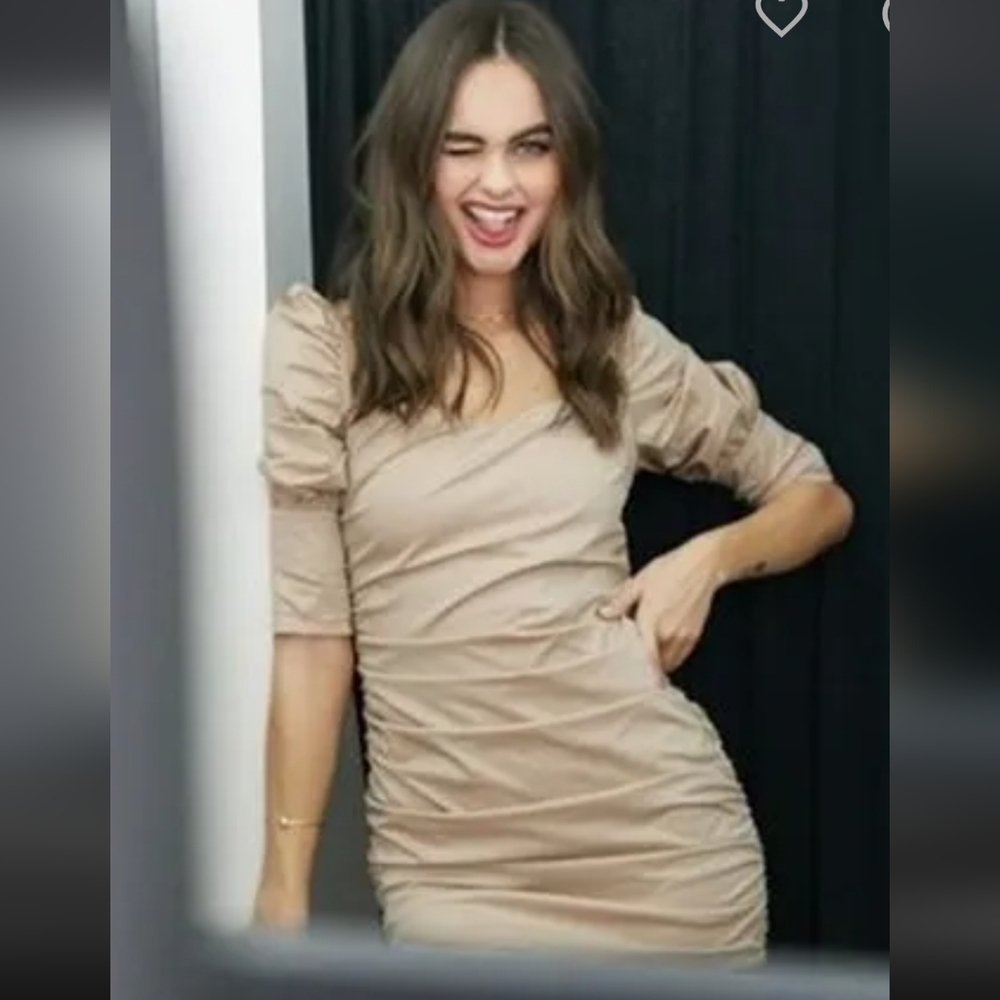 Elegant Tan Ruched Dress